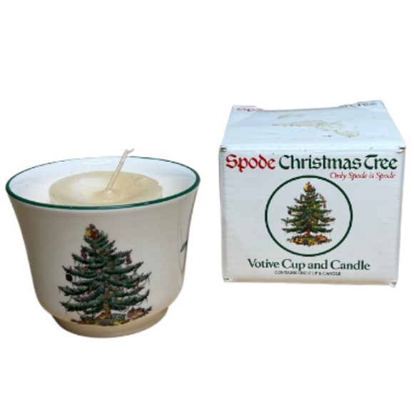 Vintage Spode Votive Cup and Candle in Christmas Tree Pattern - Picture 1 of 6
